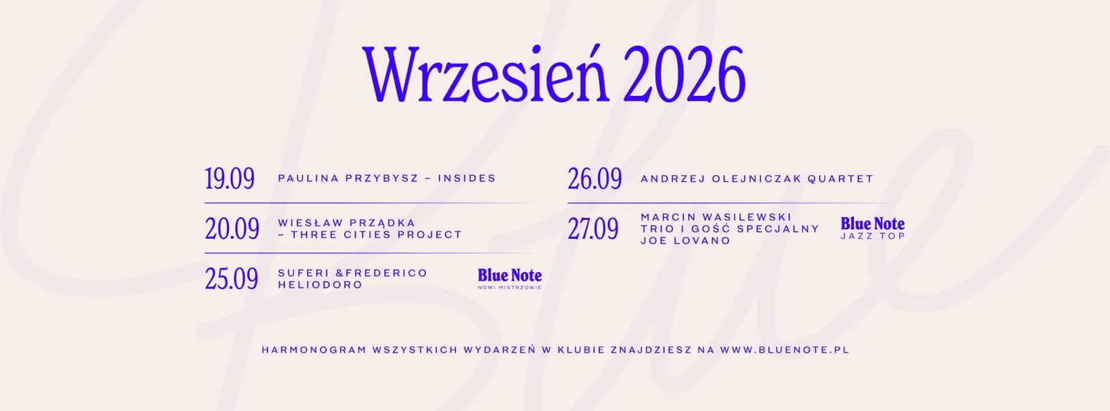 A schedule for September 2026 events, presented with dates and performers for each show, including "PAULINA PRZYBYSZ - INSIDES" and "MARCIN WASILEWSKI TRIO I GOŚĆ SPECJALNY JOE LOVANO."