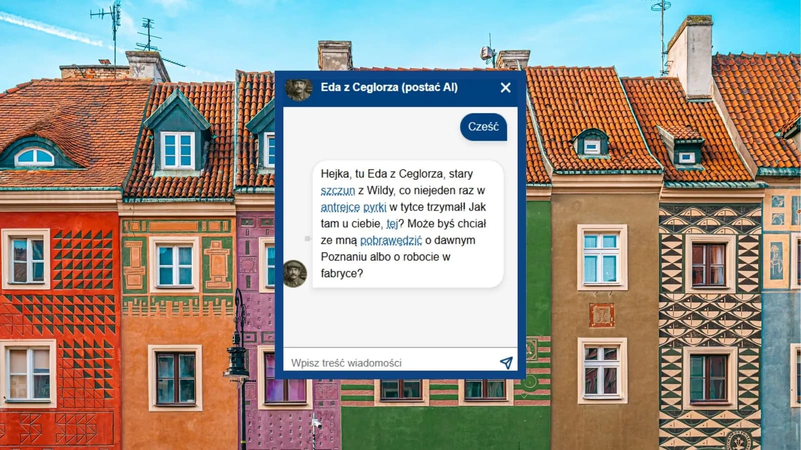 A chat window with text in Polish is overlaid on a background of colorful, historic European buildings.