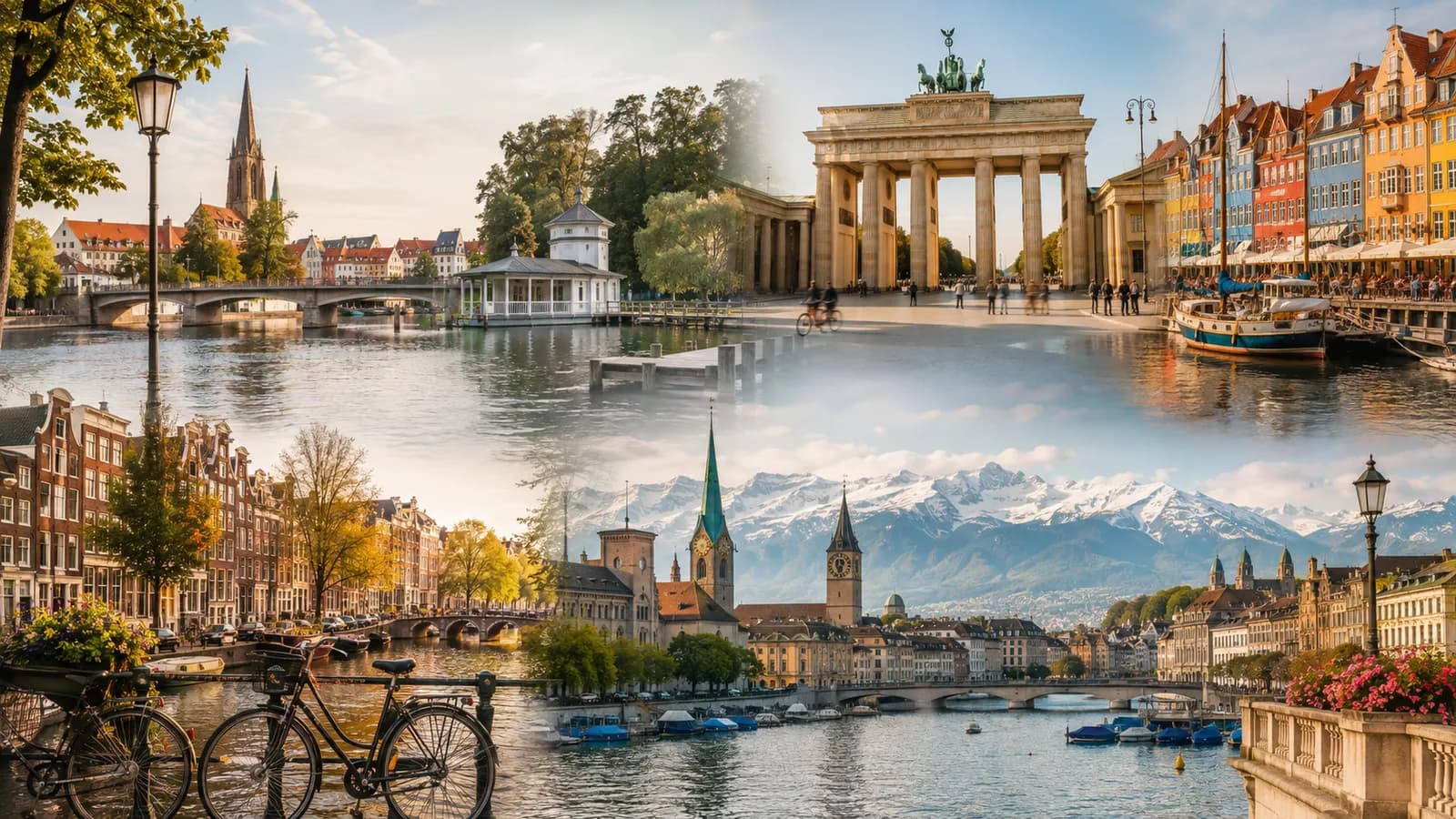 A collage of four European cityscapes: a canal with buildings and a bicycle in the foreground, a riverfront with a church and snow-capped mountains in the background, a harbor with colorful buildings and boats, and the Brandenburg Gate with people walking around.