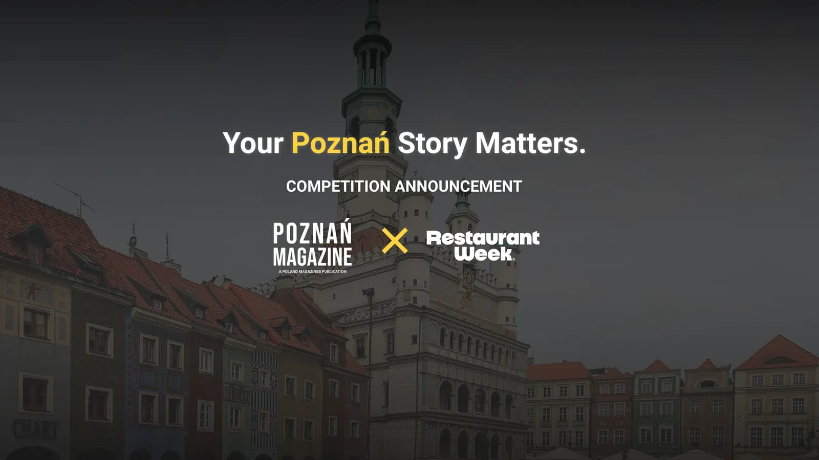 A magazine article hero image with a city background promoting sharing a Poznań story to win a Restaurant Week voucher.