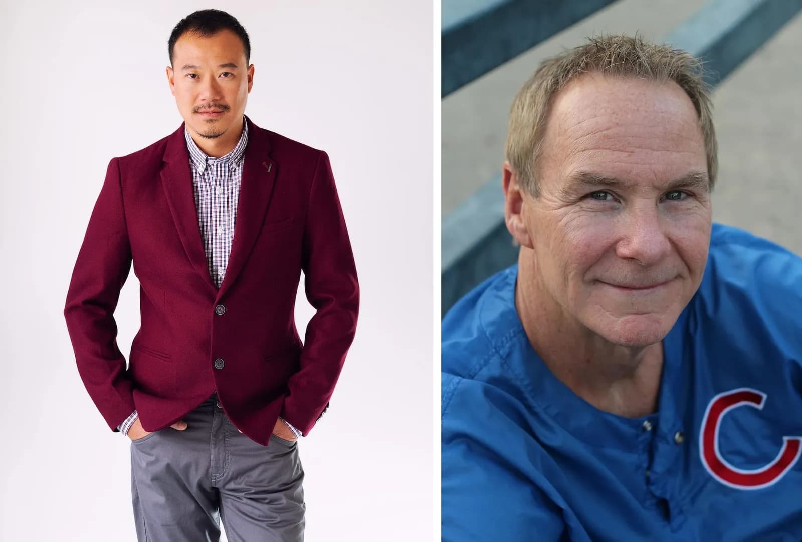 Two headshots side by side, one of an Asian man in a burgundy jacket and a white man in a blue jacket.