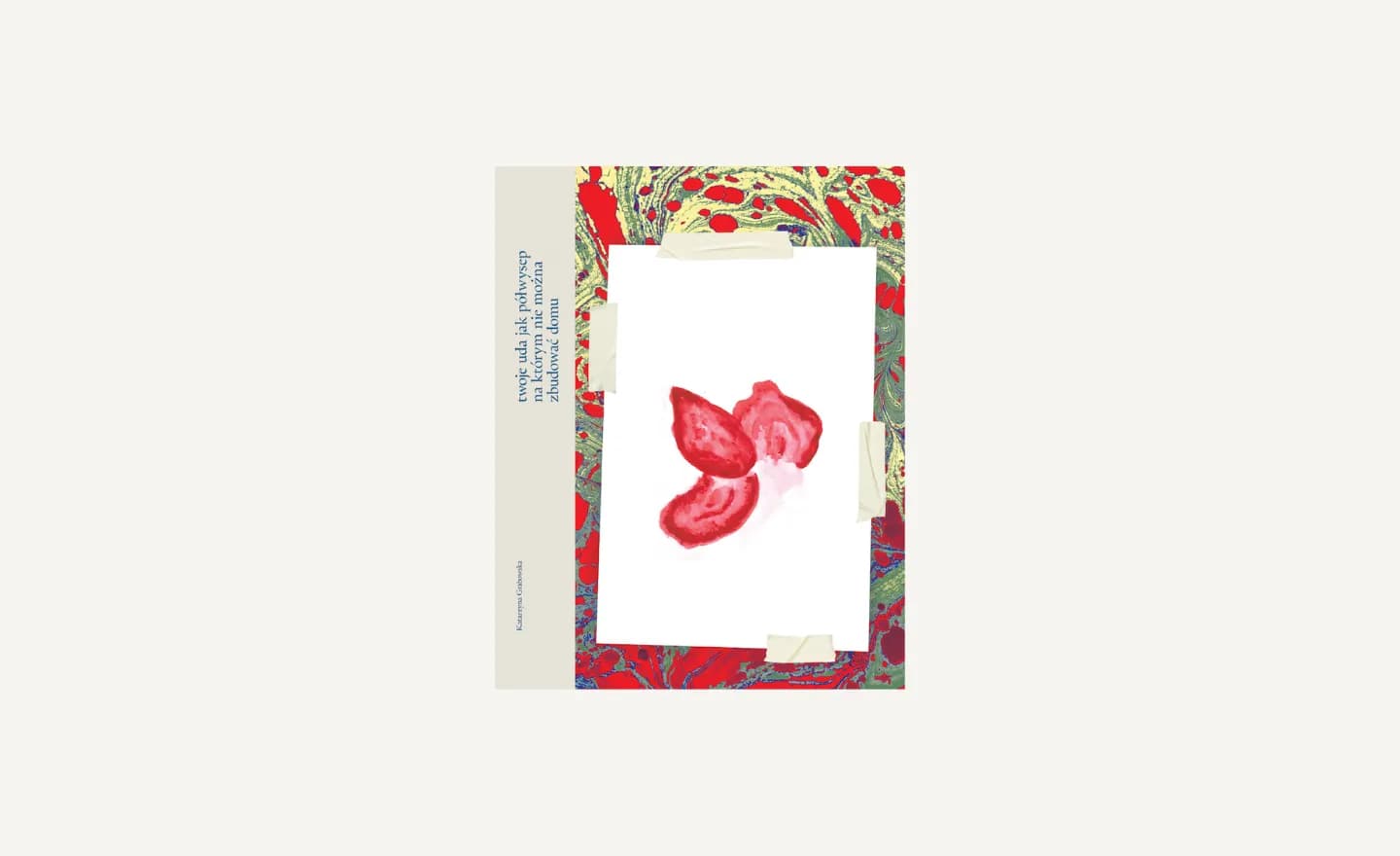 A book cover featuring a white background with a red and green abstract floral border, and a white rectangular inset with a red, organic, almost strawberry-like abstract shape.