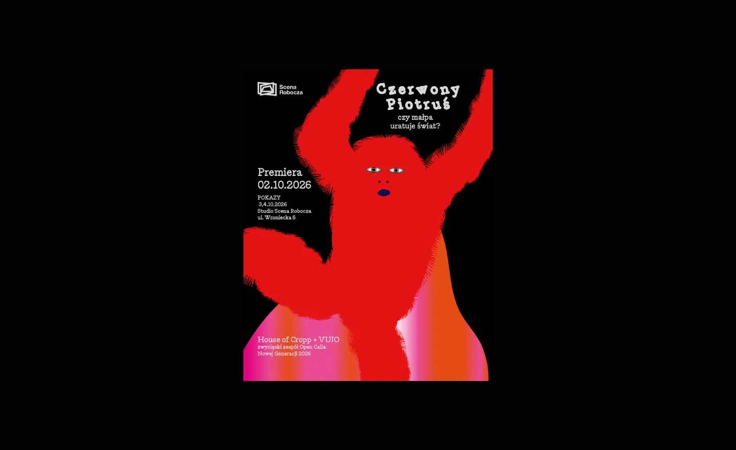 A poster features a large, shaggy red creature with blue eyes and lips, with text in Polish announcing a premiere date and the title "Czerwony Piotruś, czy małpa uratuje świat?".