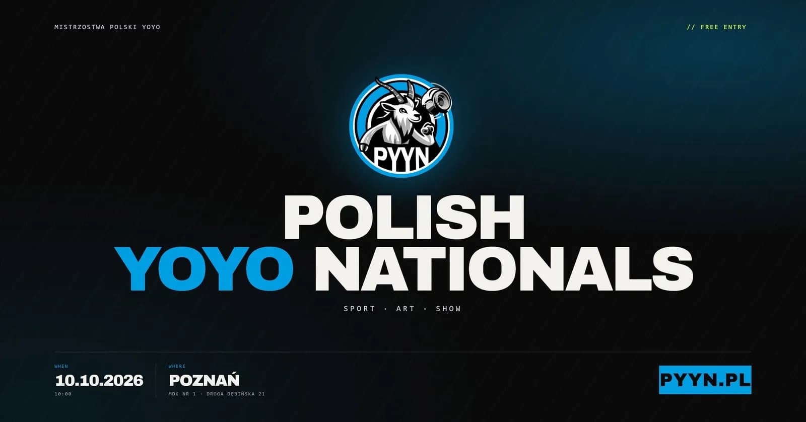 A poster advertising the Polish Yoyo Nationals event, featuring a logo with a goat holding a yoyo and text details about the date, location, and website.