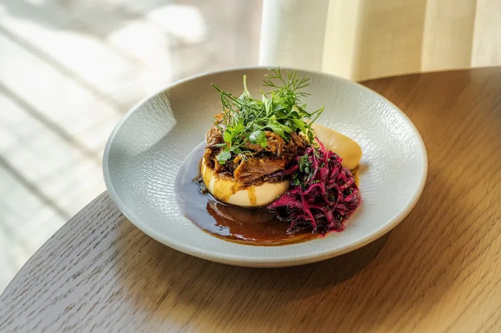 A gourmet dish featuring shredded meat topped with fresh herbs, served on a bed of mashed potatoes with a side of red cabbage slaw and a rich brown sauce.