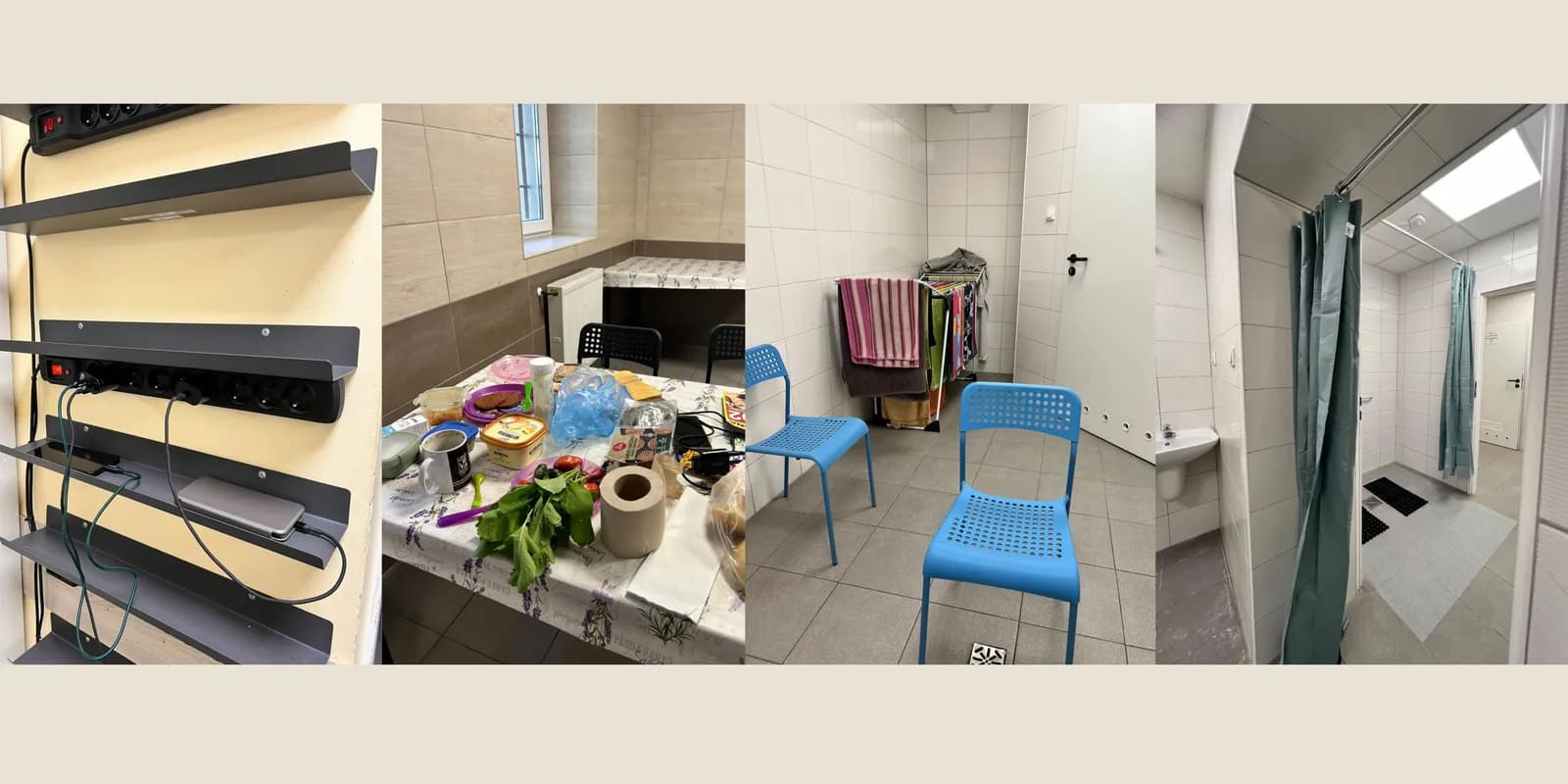 A collage of four indoor scenes, including a wall-mounted charging station, a cluttered dining table, a room with two blue chairs and a laundry rack, and a shower area with a teal curtain.