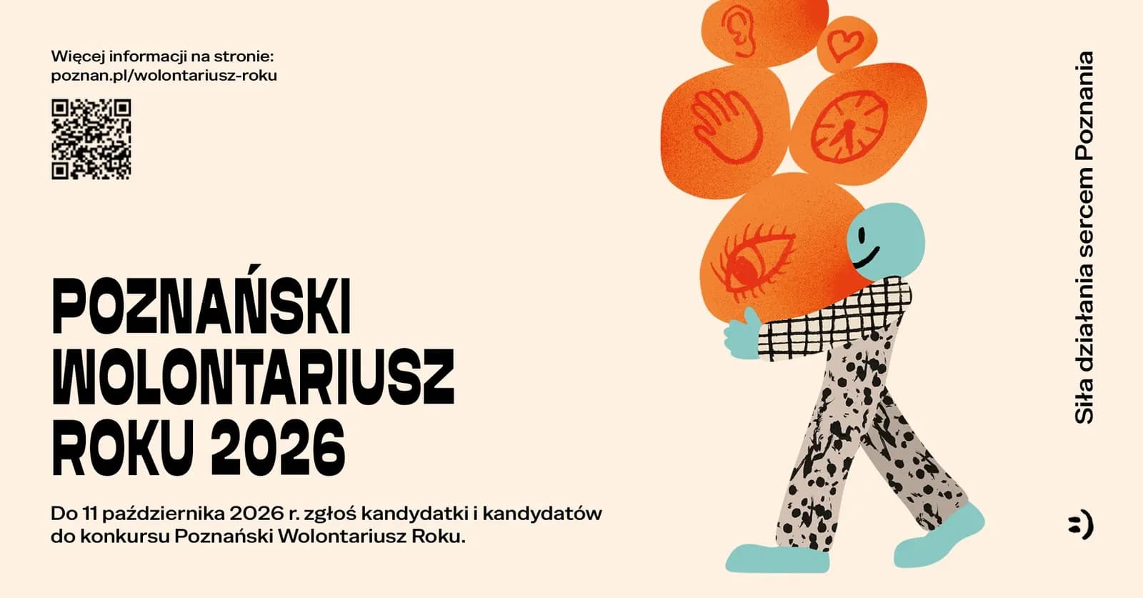 A light blue cartoon figure with a smiling face carries large orange shapes depicting senses like hearing, touch, and sight, alongside text in Polish about the "Poznań Volunteer of the Year 2026" contest.