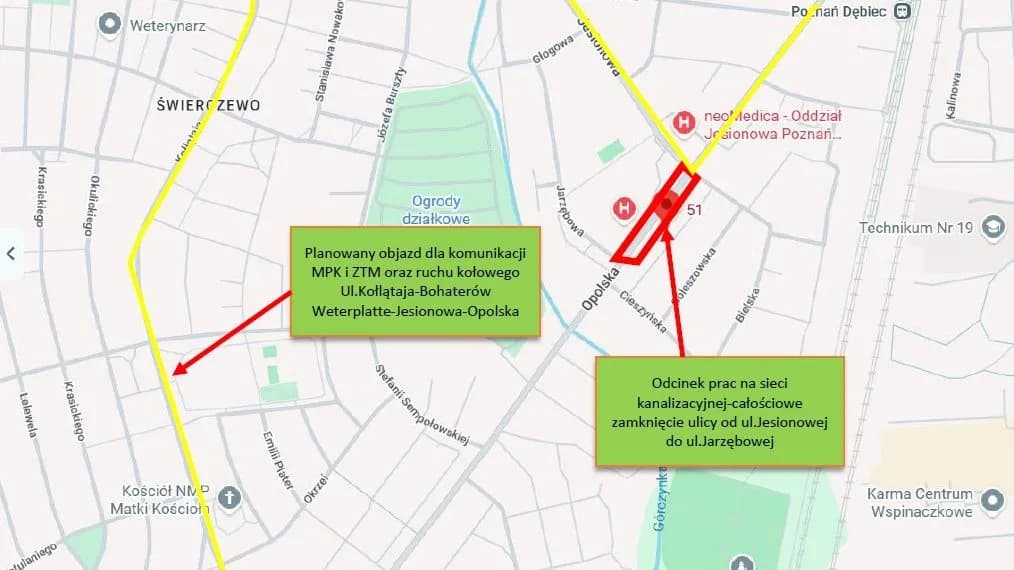 Map of the current bus route change around Opolska Street.