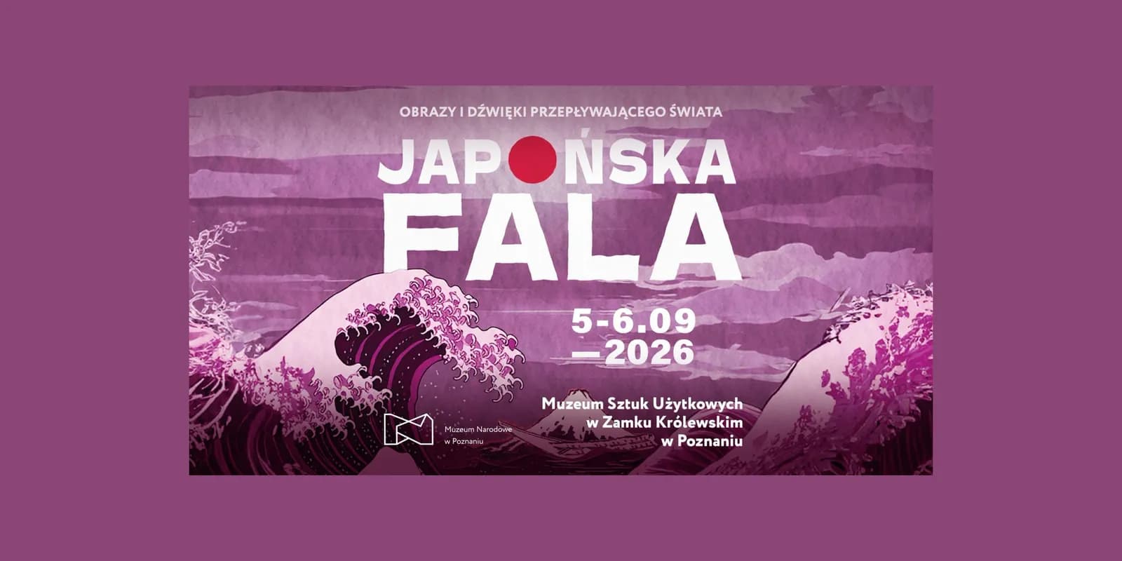 A magenta and purple poster with 'JAPONSKA FALA' (Japanese Wave) in white text with a red circle over the 'O', set against a backdrop of stylized purple and pink ocean waves.