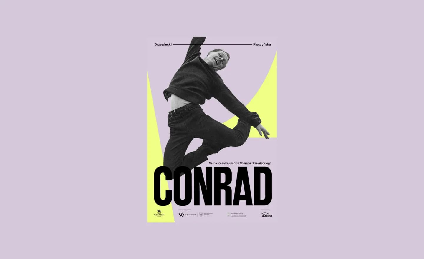 A man in dark clothes leaps dynamically against a background featuring two bright yellow geometric shapes and a large black text overlay that reads "CONRAD."