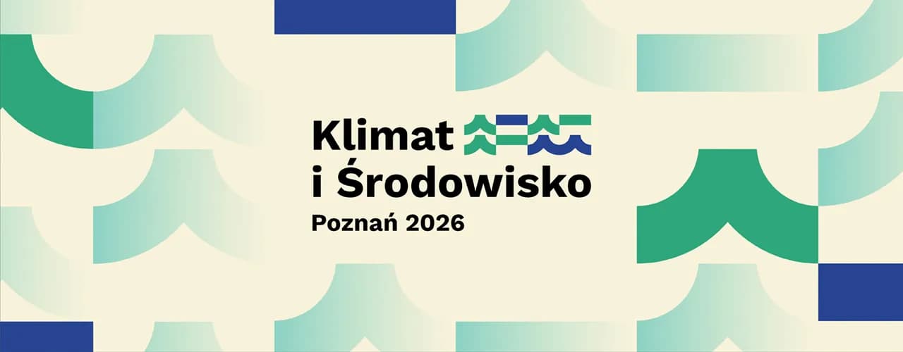 Stylized graphic with text "Klimat i Środowisko Poznań 2026" in black font with green and blue wave and tree icons.