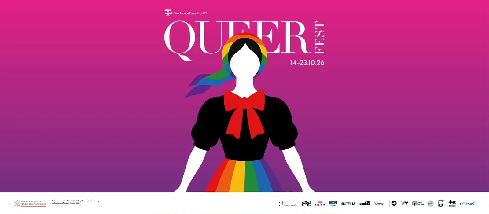 An illustration of a person with a rainbow headscarf and skirt, a black top with a red bow, and white arms against a pink and purple gradient background with white text that reads "QUEER FEST 14-23.10.26."