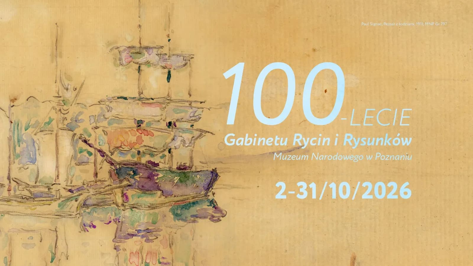 A yellow-toned watercolor abstract painting with light blue text advertising an exhibition at the National Museum in Poznań from October 2-31, 2026.